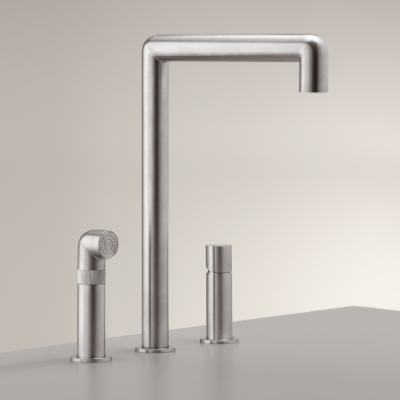 CEA Cartesio Bateria kuchenna 3-otworowa z obrotową i wyciąganą wylewką, z automatycznym przełącznikiem Satin Stainless Steel